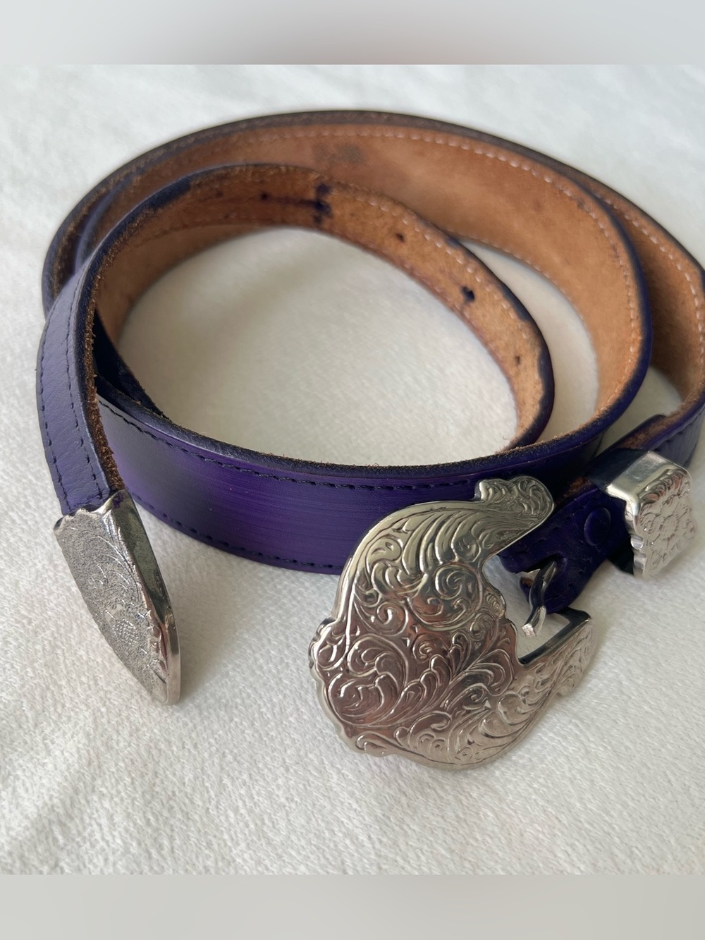 Purple Metal Detail Style Cinch Belt Engraved Etched Floral Cowgirl 80s